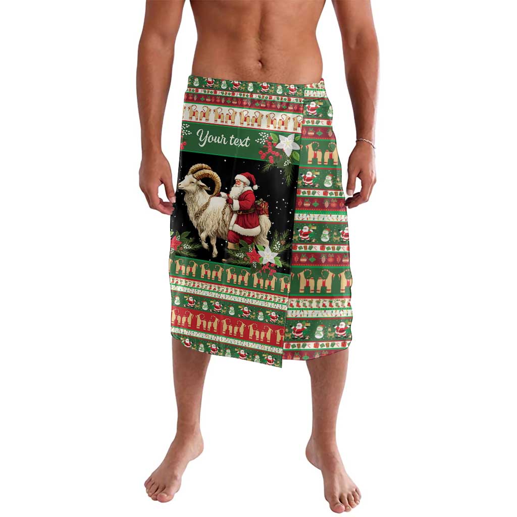 Green personalized lavalava wrap skirt with festive goat and Santa print, elastic waistband