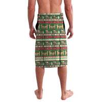 Green lavalava wrap skirt with striped holiday print of reindeer, trees, and Santa