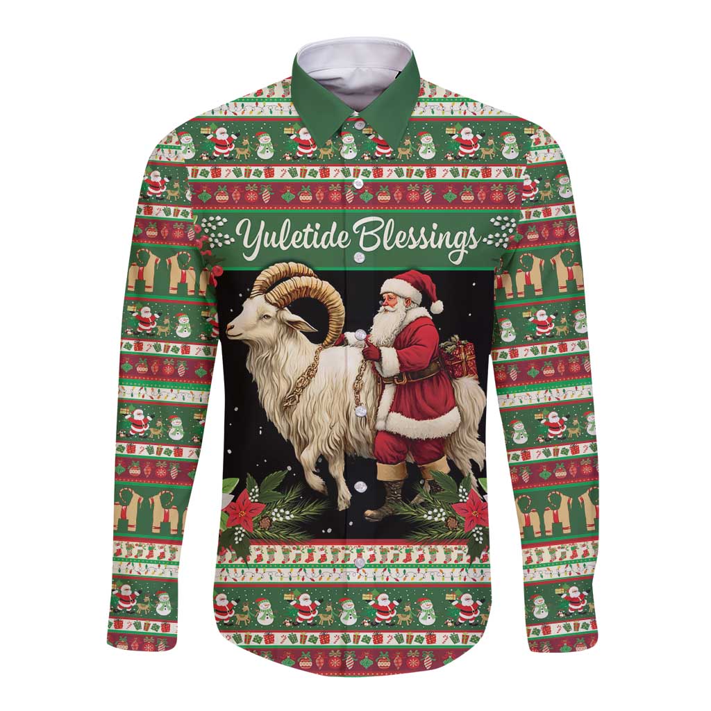 Green long sleeve button shirt with goat and Santa festive holiday print