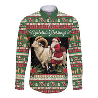 Green long sleeve button shirt with goat and Santa festive holiday print