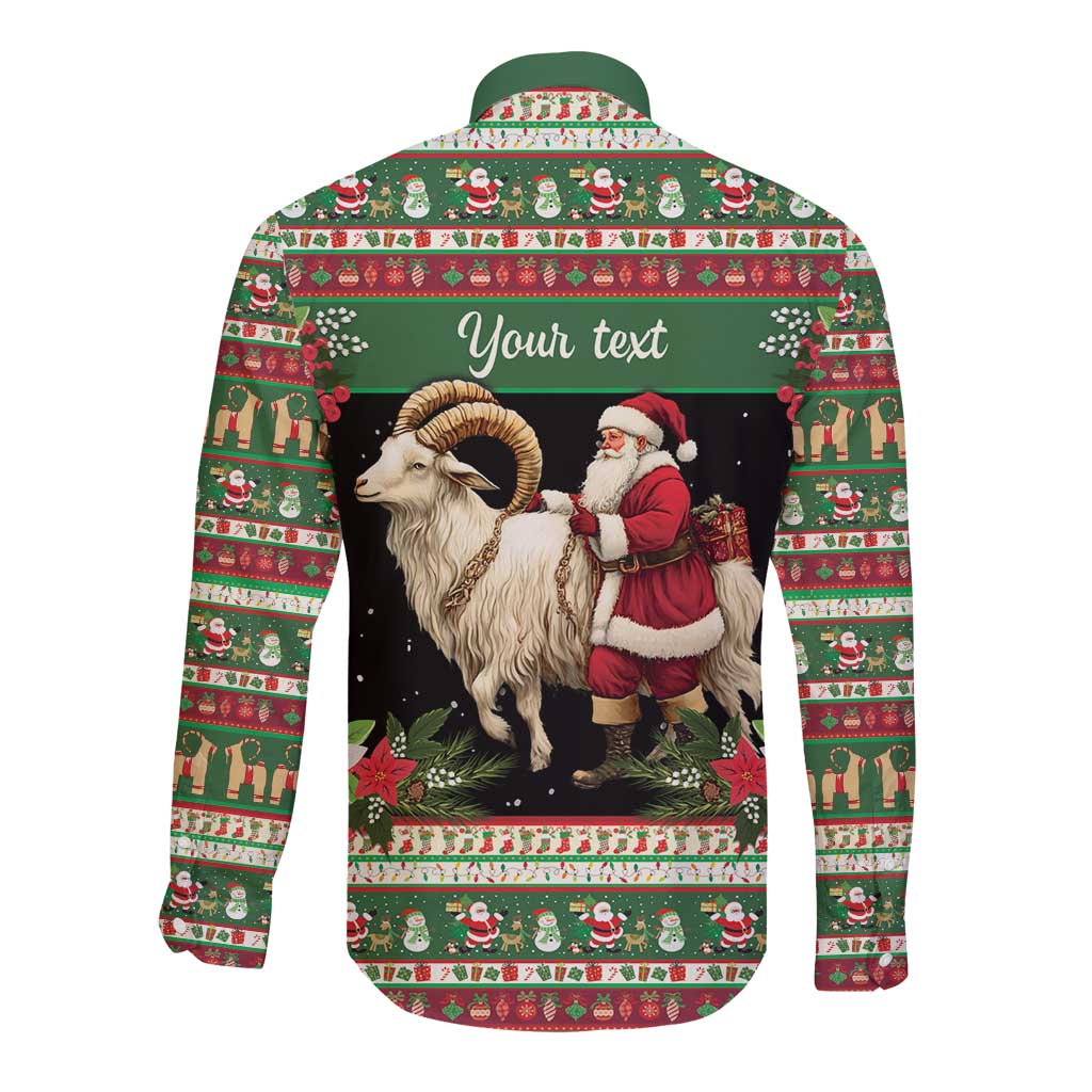 Green long sleeve button shirt with goat and Santa on back, 'Your text' banner