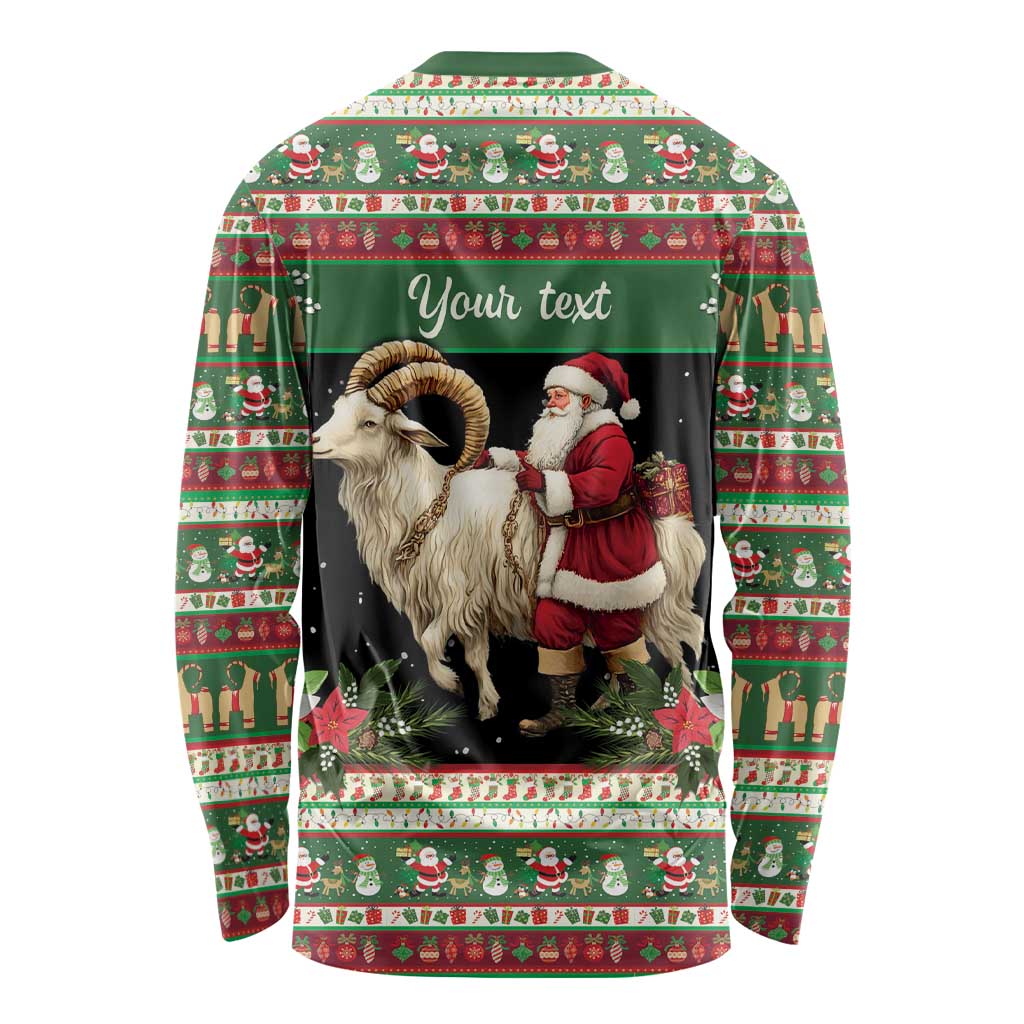 Green long-sleeve shirt with goat, Santa graphic and 'Your text' banner