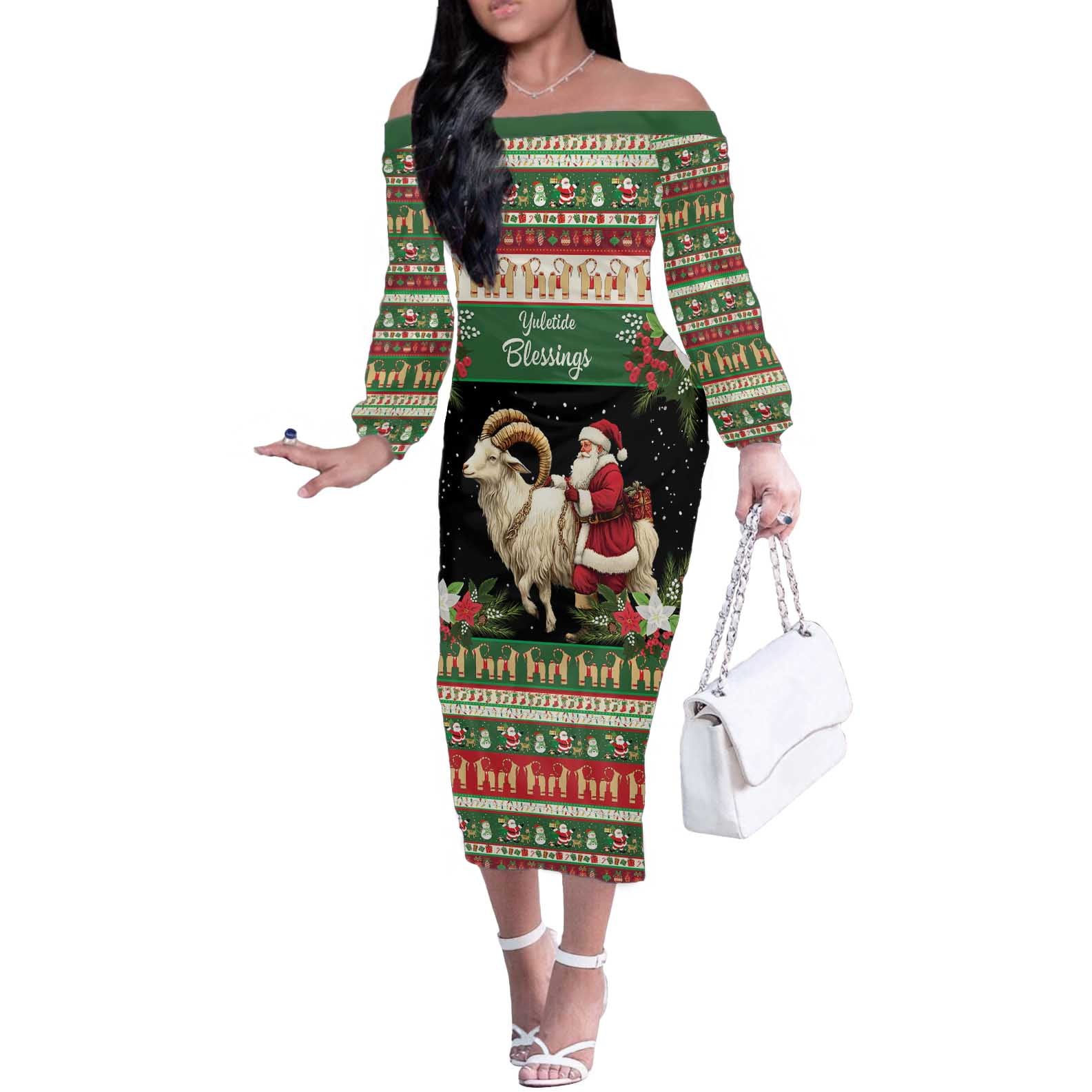 Yule Goat Personalized Off The Shoulder Long Sleeve Dress Scandanavian Mythology - Wonder Print Shop