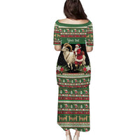 Green long tunic dress, back view, Your text panel with goat and Santa print.