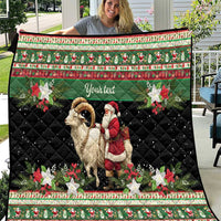 Personalized green and black quilt with quilted pattern, goat and Santa, poinsettias