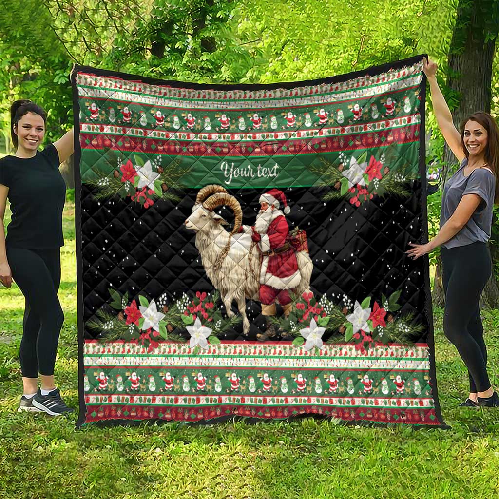 Personalized quilt with green top band and black quilted center, goat and Santa