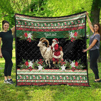 Personalized quilt with green top band and black quilted center, goat and Santa