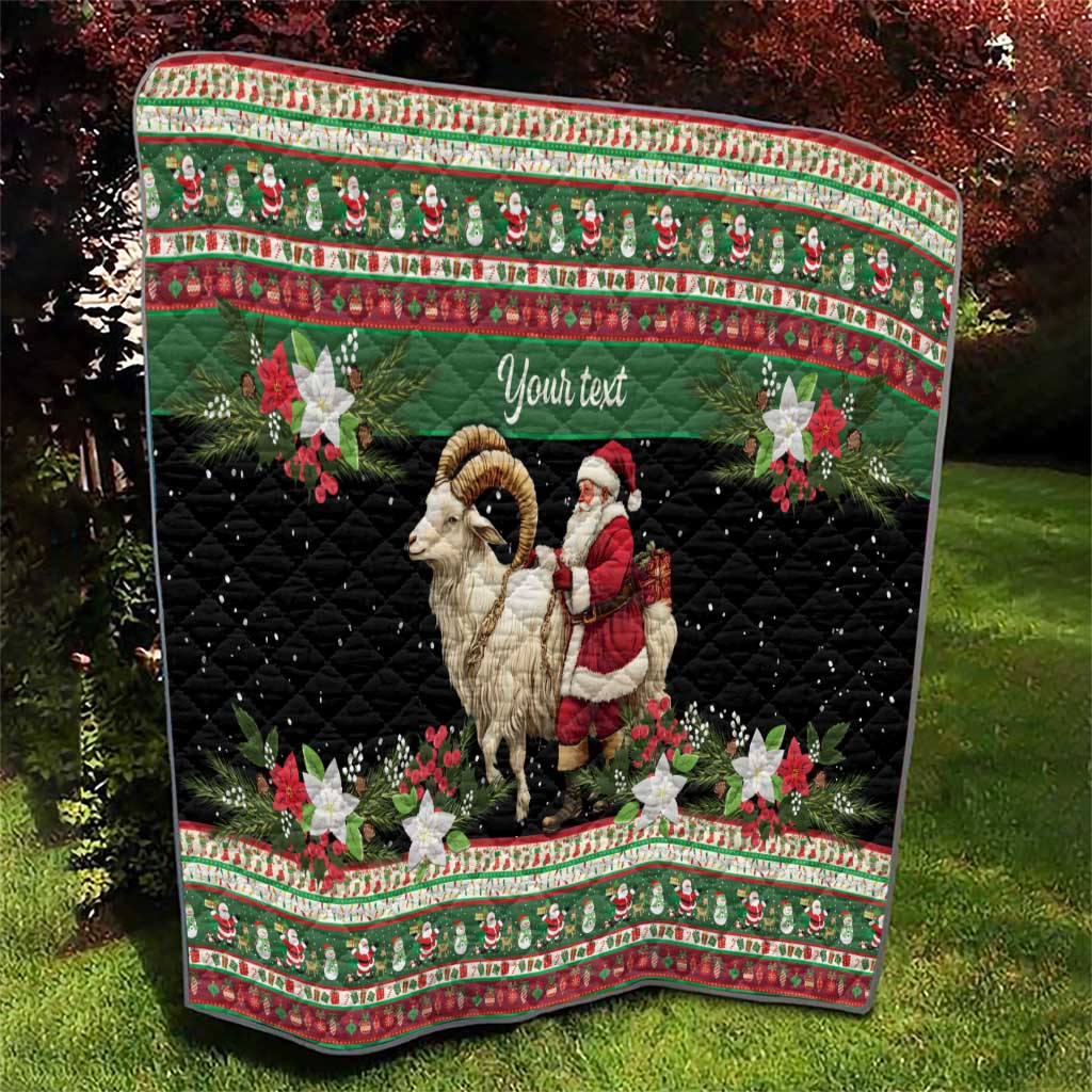 Personalized quilt, black quilted field with goat and Santa, floral stars border