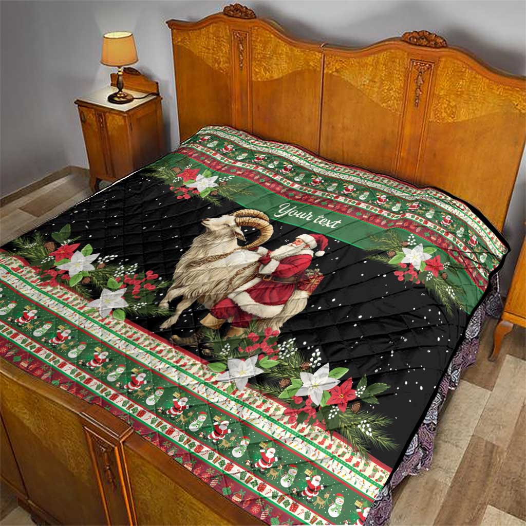 Personalized quilt on bed with green and red border, goat and Santa in center