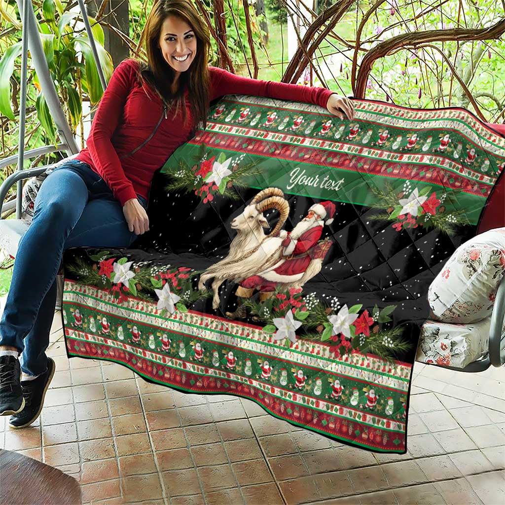 Personalized quilt draped on outdoor seating, goat and Santa with poinsettia stars