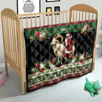 Personalized quilt for baby bed, black center with goat and Santa and green border
