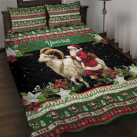 Personalized quilt bed set with black and green Santa and goat print, flowers, striped border