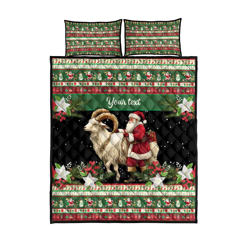Personalized quilt bed set with black quilt, Santa-goat print, Your text banner, two pillows