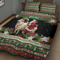Personalized quilt bed set with black quilt, Santa and goat, green stripe border, two pillows