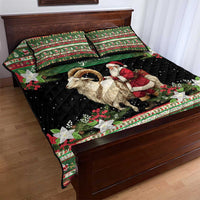 Personalized quilt bed set with black quilt, ram-goat and Santa, floral border, two pillows