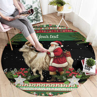Round green and black festive carpet featuring Santa and white goat with floral border