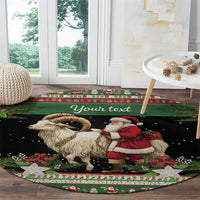 Round green and black festive carpet with Santa and white goat, red scarf, floral border
