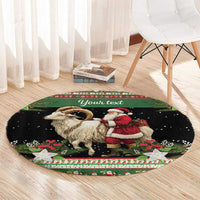 Round green and black festive carpet with Santa and white goat, star motifs and 'Your text'