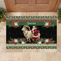 Green rubber doormat with goat and Santa, holiday border and custom text area