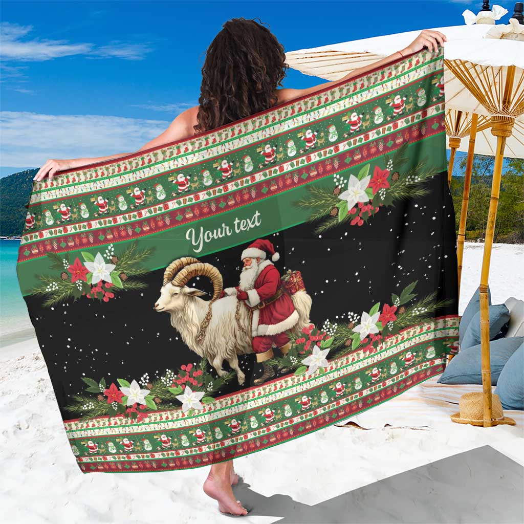 Green and black personalized sarong with goat and Santa holiday graphic and “Your text”