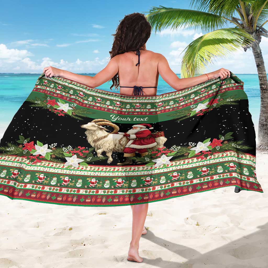 Green and black sarong with goat and Santa print, “Your text” center panel