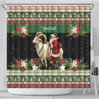Personalized green shower curtain showing Santa and goat with floral wreaths and holiday bands