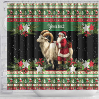 Personalized green shower curtain with Santa and goat, white flowers, pine sprigs, holiday text
