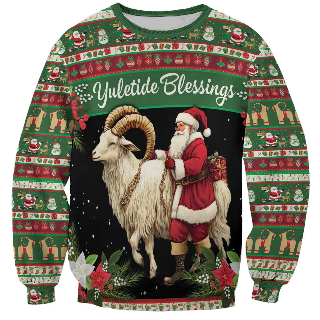 Green unisex sweatshirt with goat and Santa front graphic, 'YuleTide Blessings' text