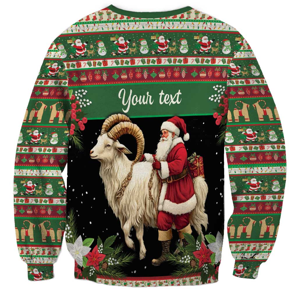 Green unisex sweatshirt with goat and Santa front graphic, 'Your text' personalization