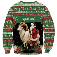 Green unisex sweatshirt with goat and Santa front graphic, 'Your text' personalization