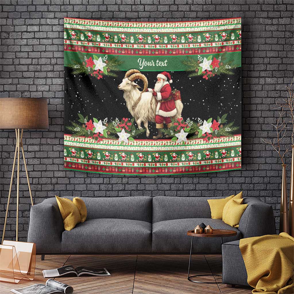 Green holiday tapestry with goat and Santa, flowers and stars, and 'Your text' banner