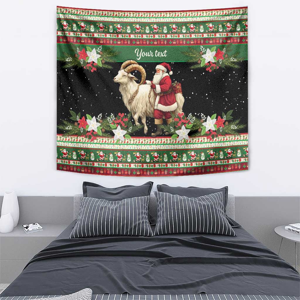 Green horizontal holiday tapestry showing goat and Santa holding hands with 'Your text' text