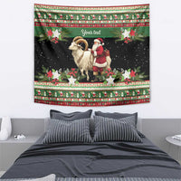 Green horizontal holiday tapestry showing goat and Santa holding hands with 'Your text' text