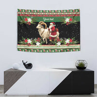 Green Scandinavian-style holiday tapestry with goat and Santa, poinsettias and 'Your text'