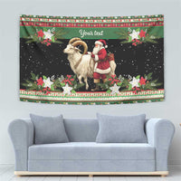Green Christmas tapestry featuring goat and Santa, stars and flowers with 'Your text' title