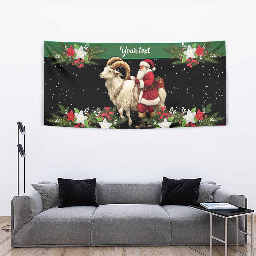 Green festive tapestry with goat and Santa, floral accents, speckled stars, and 'Your text'