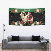 Green festive tapestry with goat and Santa, floral accents, speckled stars, and 'Your text'
