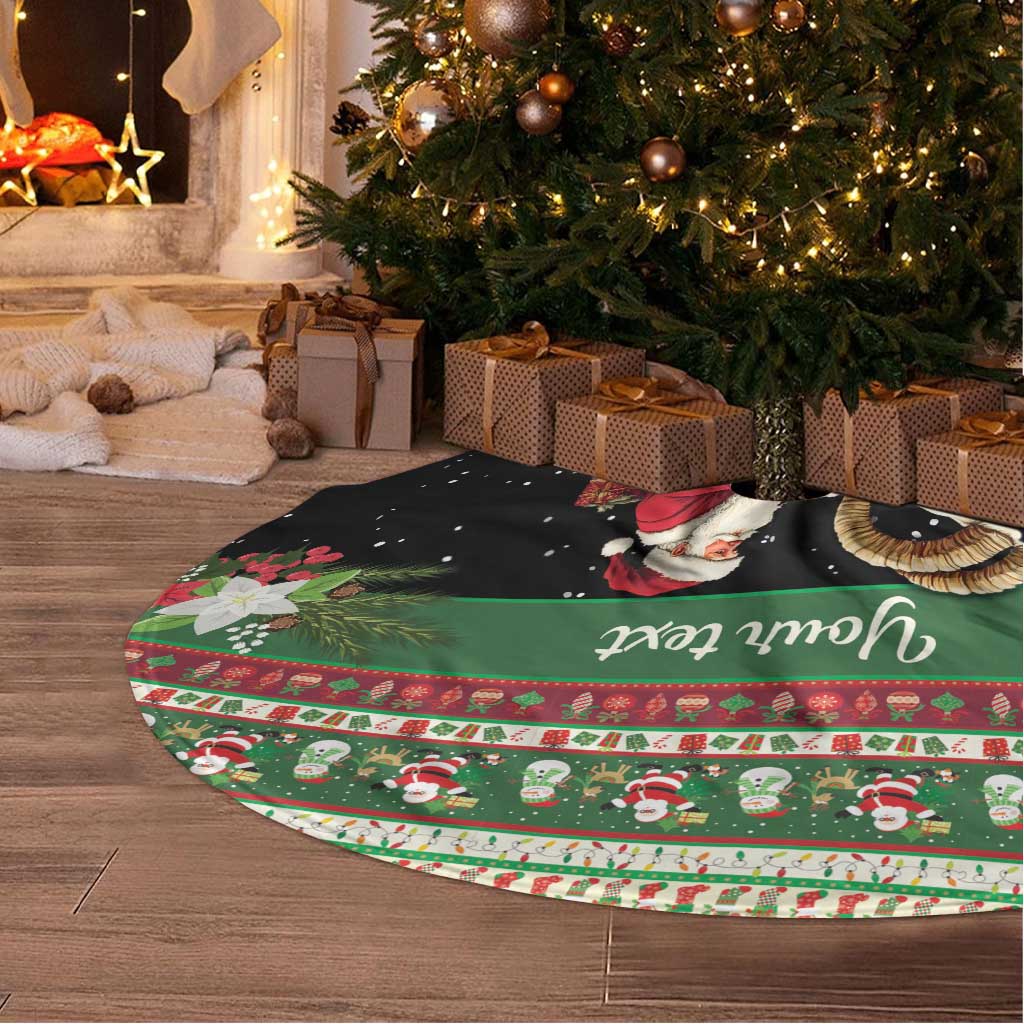 Personalized round tree skirt with festive green, black, and animal illustrations