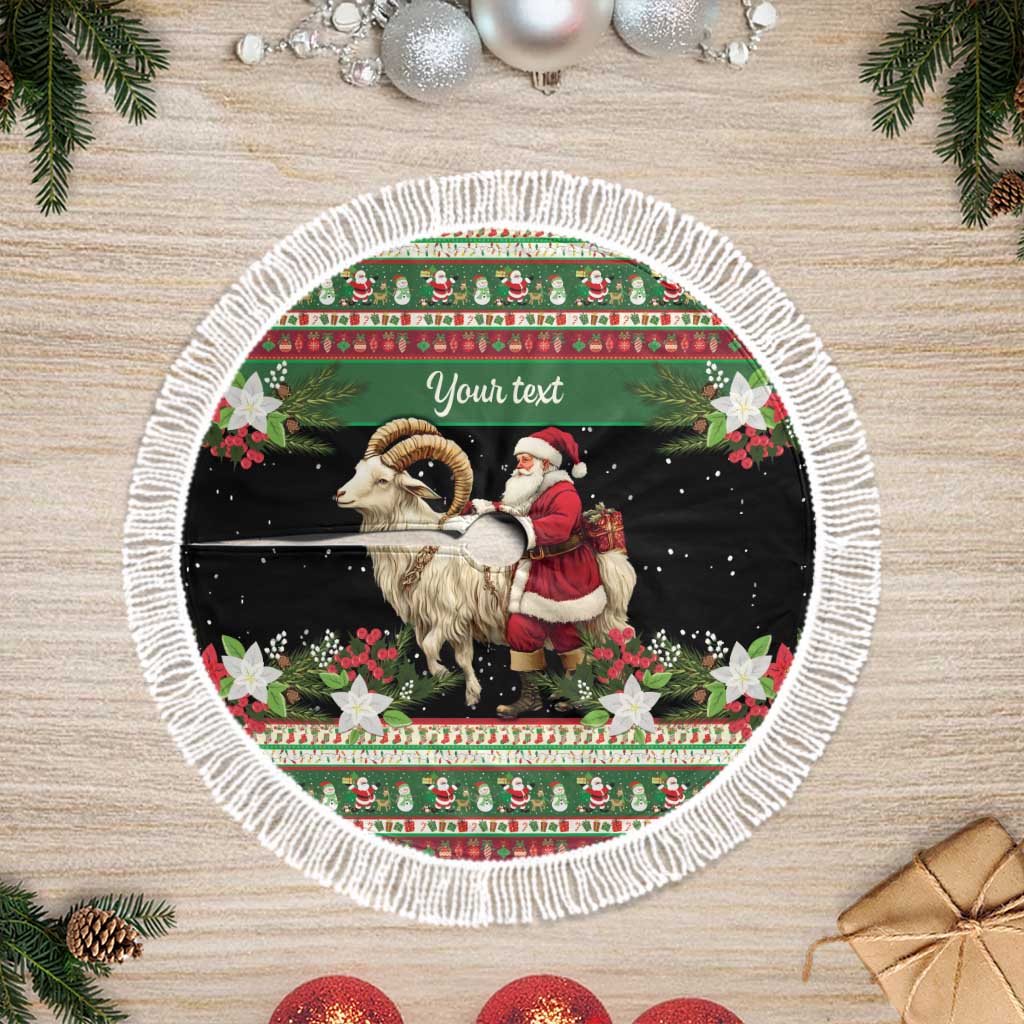 Round personalized tree skirt with white fringe, goat and Santa, "Your text"