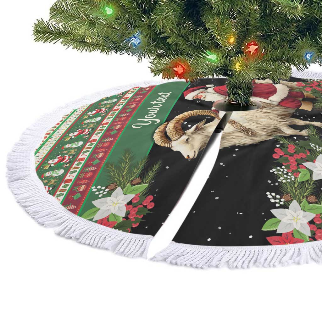 Round personalized tree skirt with white fringe, goat and Santa print on dark green