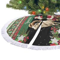Round personalized tree skirt with white fringe, goat and Santa print on dark green