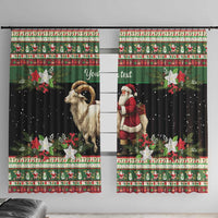 Green and black holiday curtain panels with ram goat and Santa figures, patterned top border
