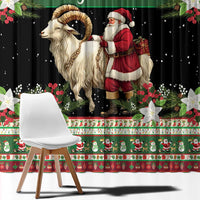 Green and black holiday curtain panels featuring ram goat, Santa, poinsettias, and stars