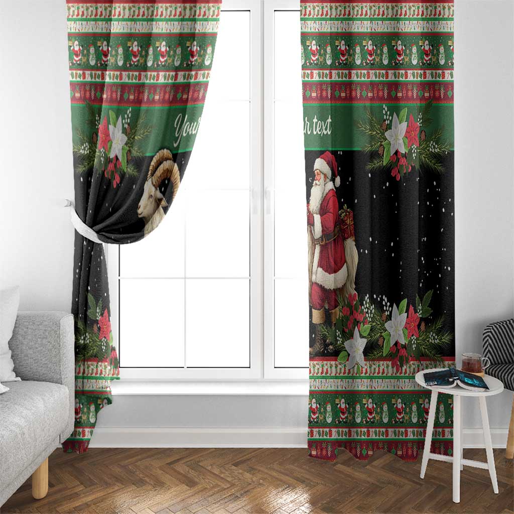 Green and black holiday curtain panels with ram goat and Santa, hung on a rod