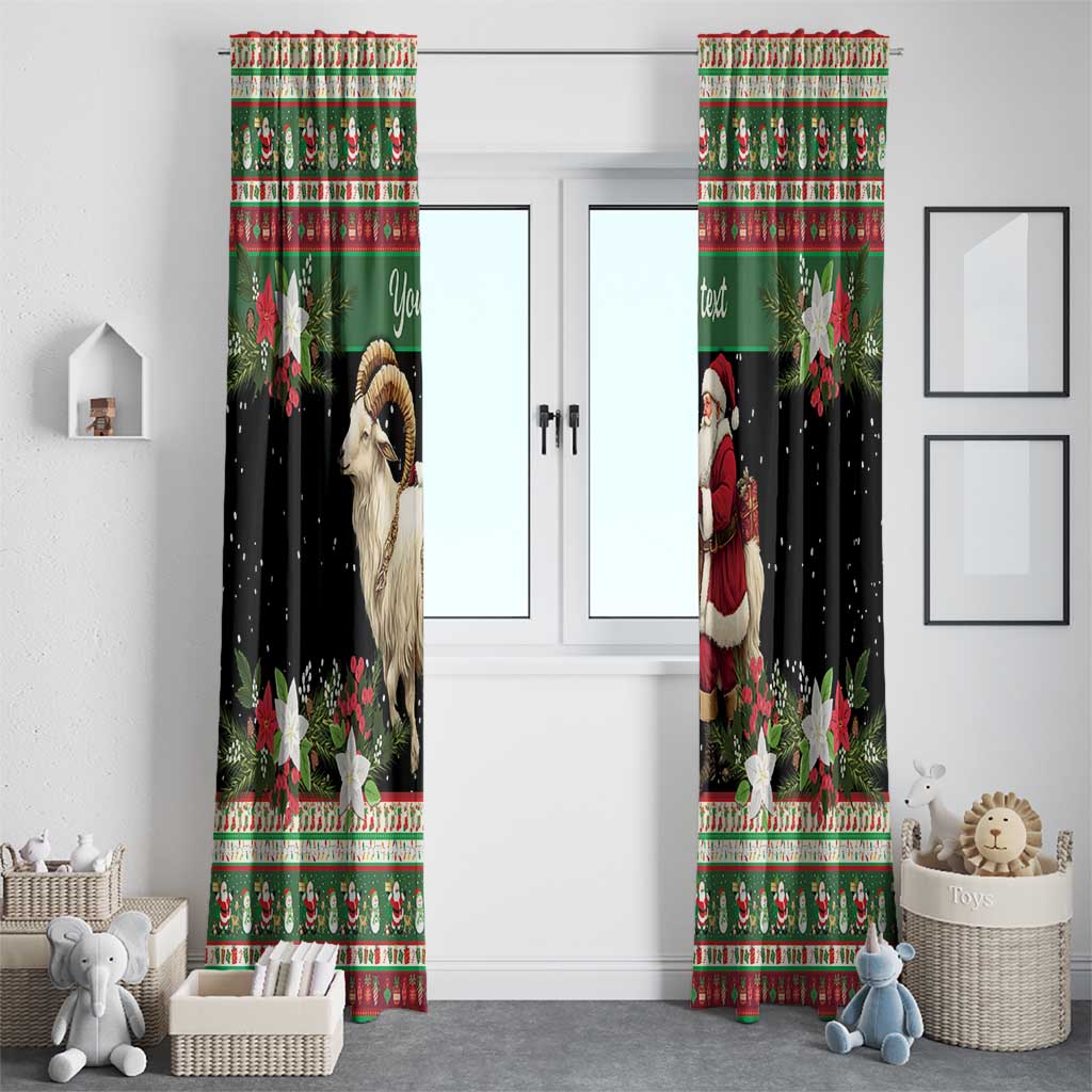 Green and black holiday window curtain panels showing ram goat and Santa with poinsettias
