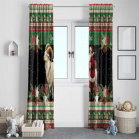 Green and black holiday window curtain panels showing ram goat and Santa with poinsettias