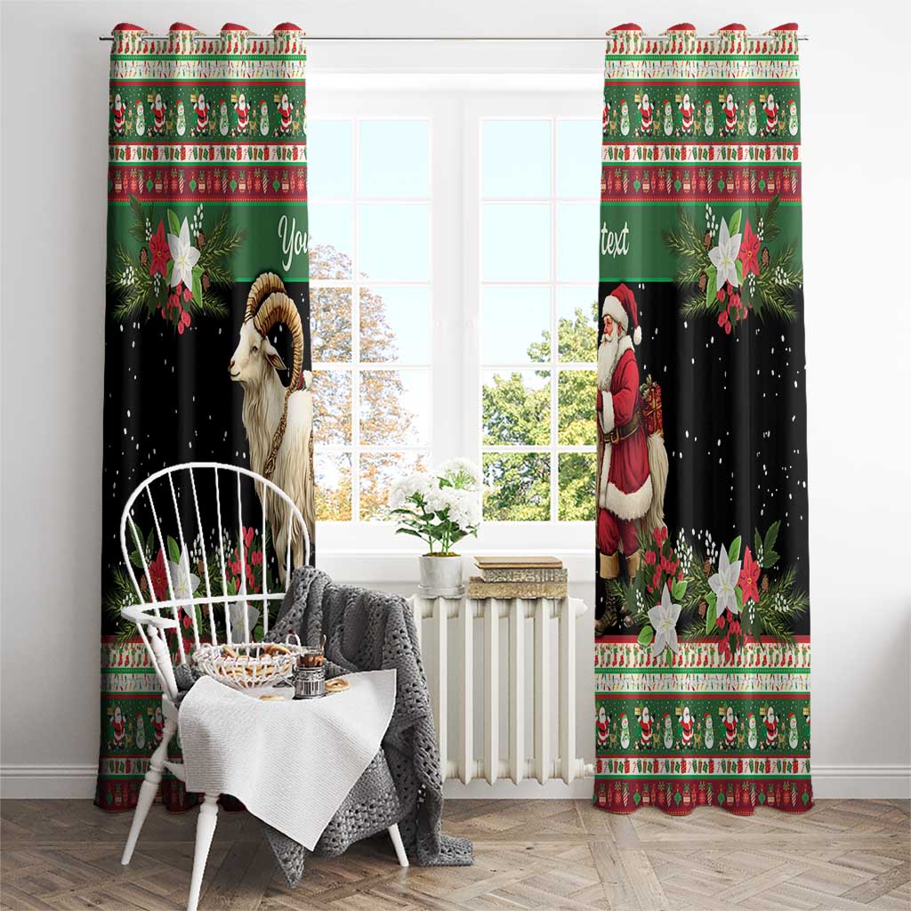 Green and black holiday window curtain panels with ram goat, Santa, and festive border