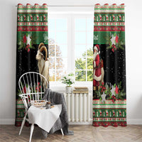 Green and black holiday window curtain panels with ram goat, Santa, and festive border