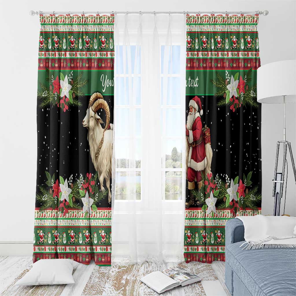 Green and black holiday window curtain panels with ram goat and Santa, patterned header