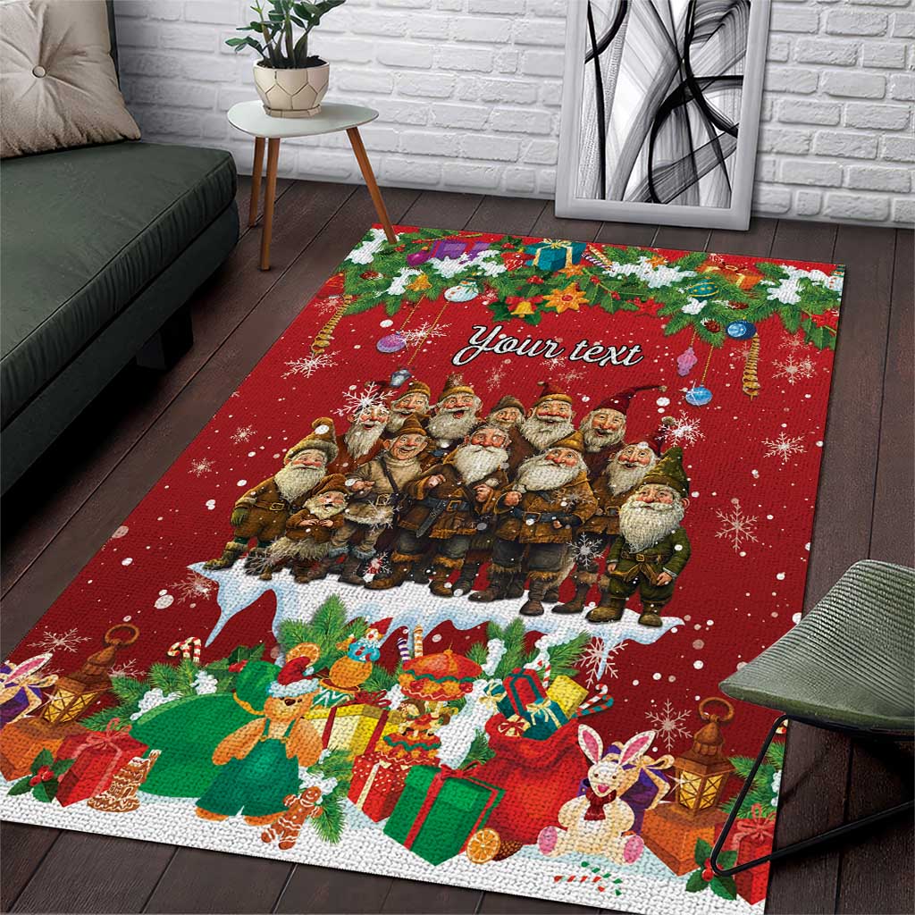 Personalized red holiday area rug with dwarf figures and multicolor winter border